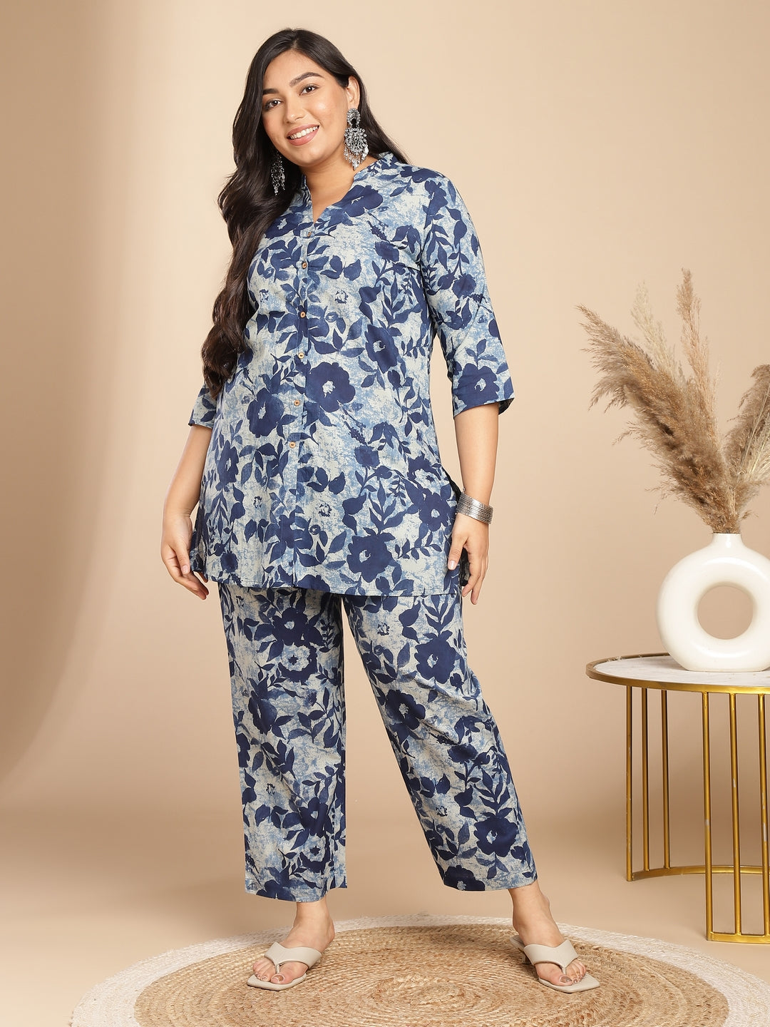 Janasya Dark Cotton Floral A-Line Top & Bottom Set | Swadesiicart