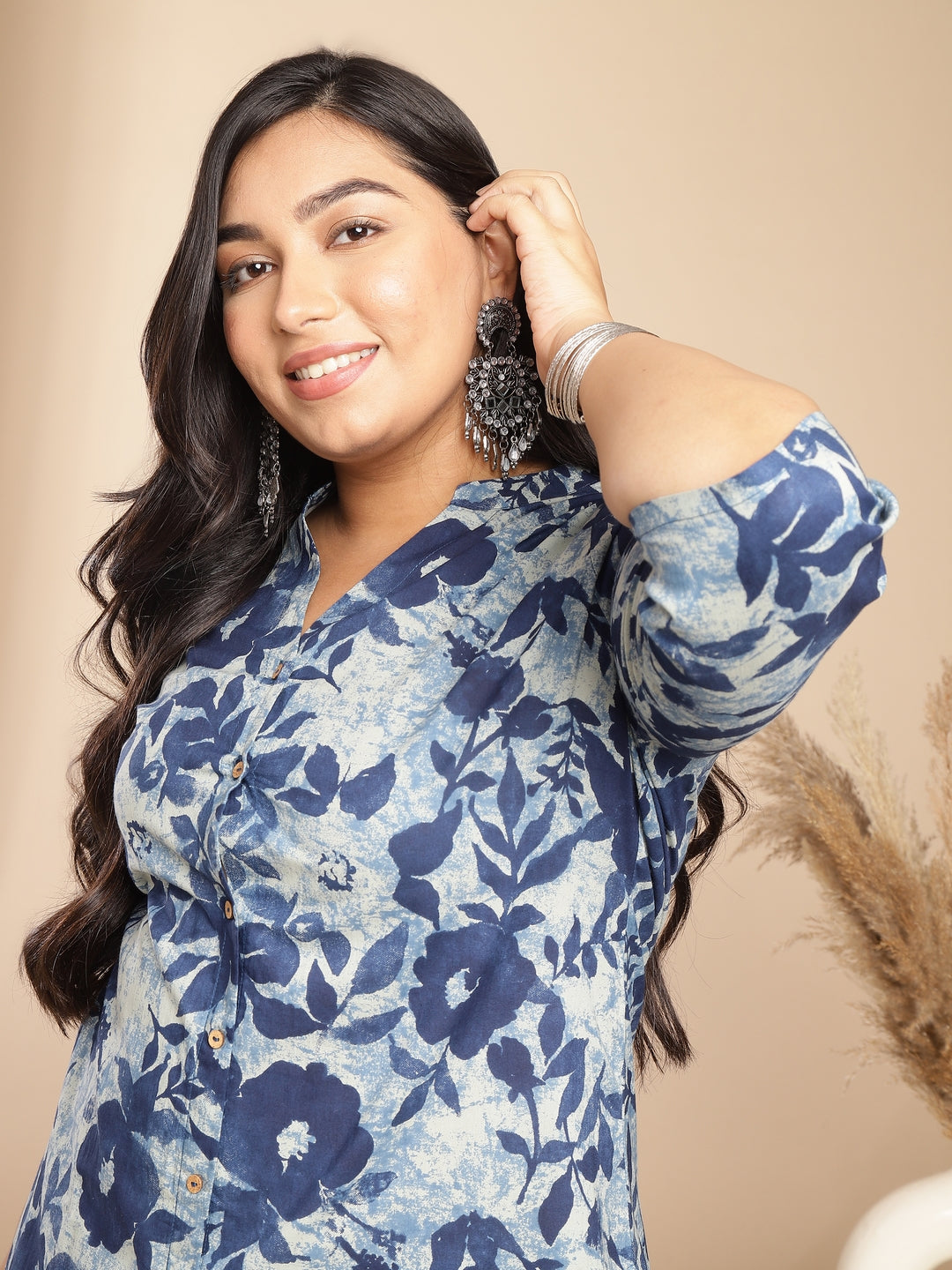Janasya Dark Cotton Floral A-Line Top & Bottom Set | Swadesiicart