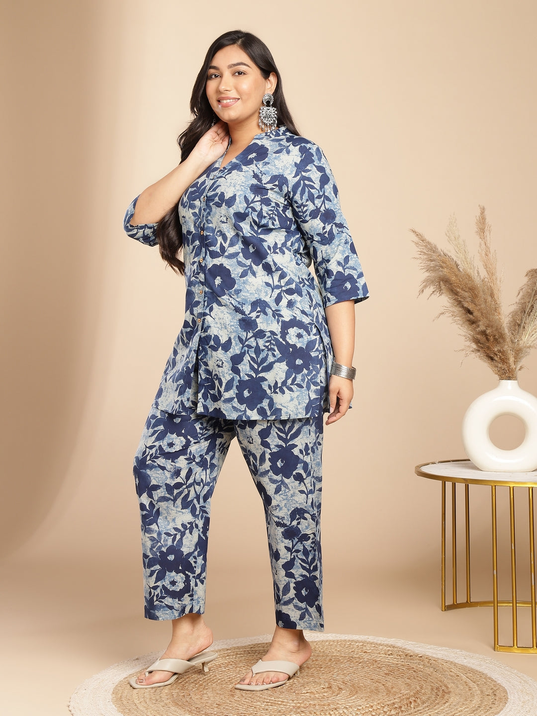 Janasya Dark Cotton Floral A-Line Top & Bottom Set | Swadesiicart