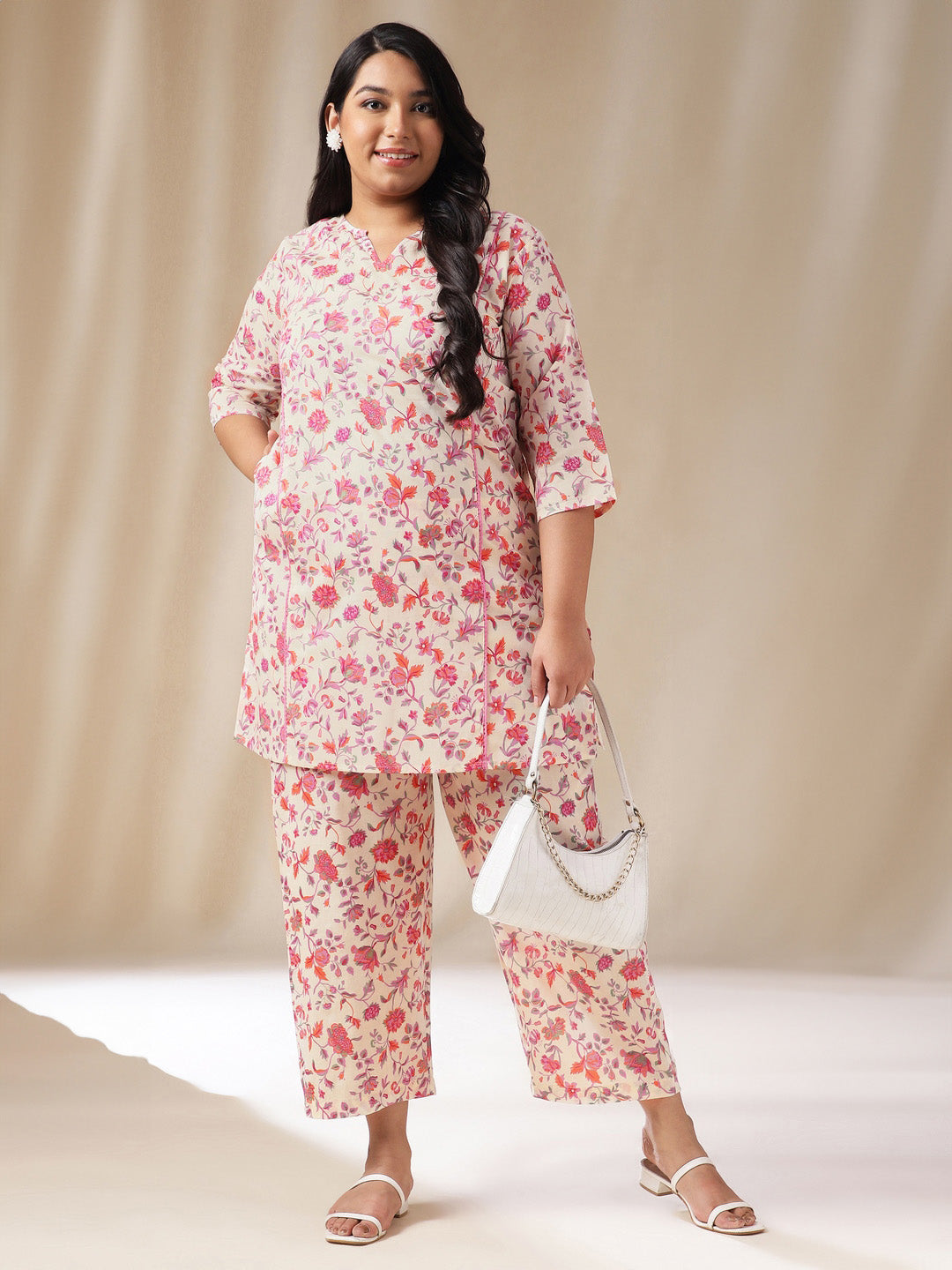 Janasya A-Line Cambric Cream Floral Notch Neck Co-Ords - Swadesiicart