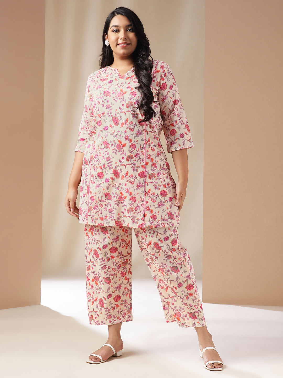 Janasya A-Line Cambric Cream Floral Notch Neck Co-Ords - Swadesiicart
