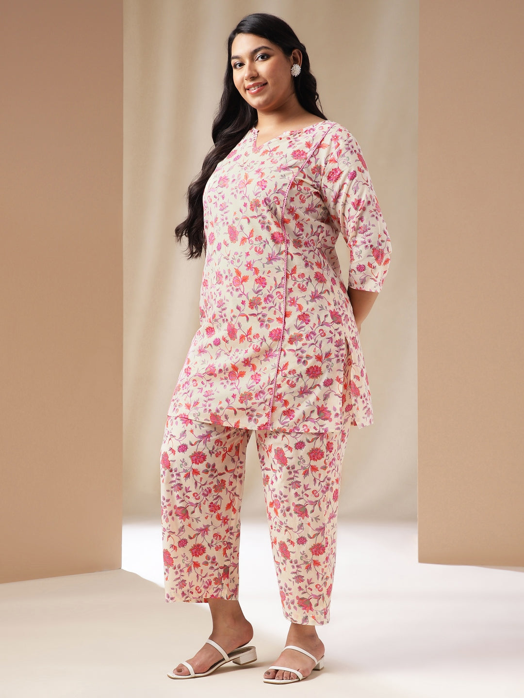 Janasya A-Line Cambric Cream Floral Notch Neck Co-Ords - Swadesiicart