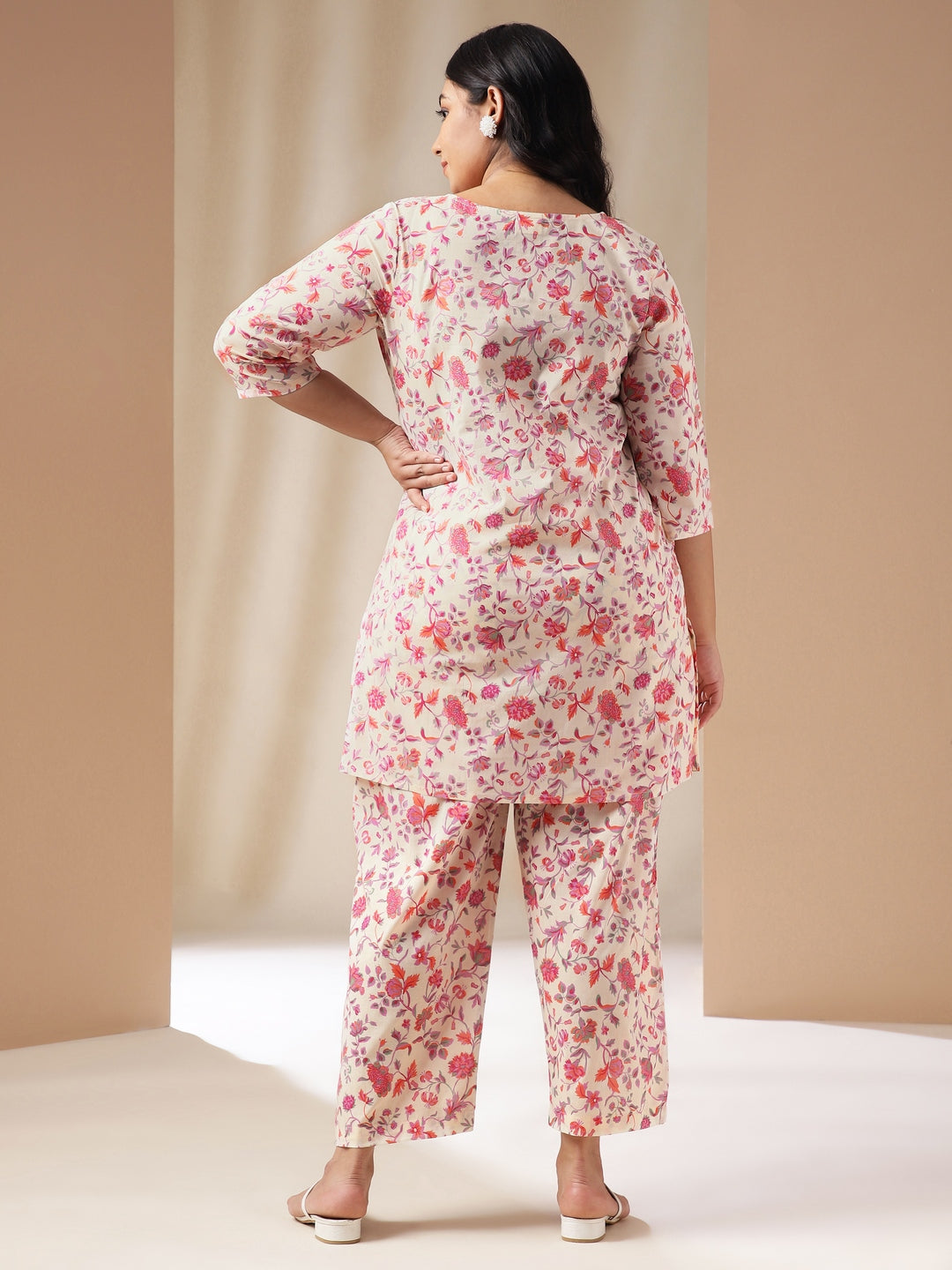 Janasya A-Line Cambric Cream Floral Notch Neck Co-Ords - Swadesiicart