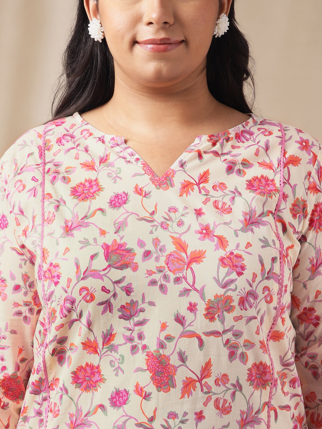 Janasya A-Line Cambric Cream Floral Notch Neck Co-Ords - Swadesiicart