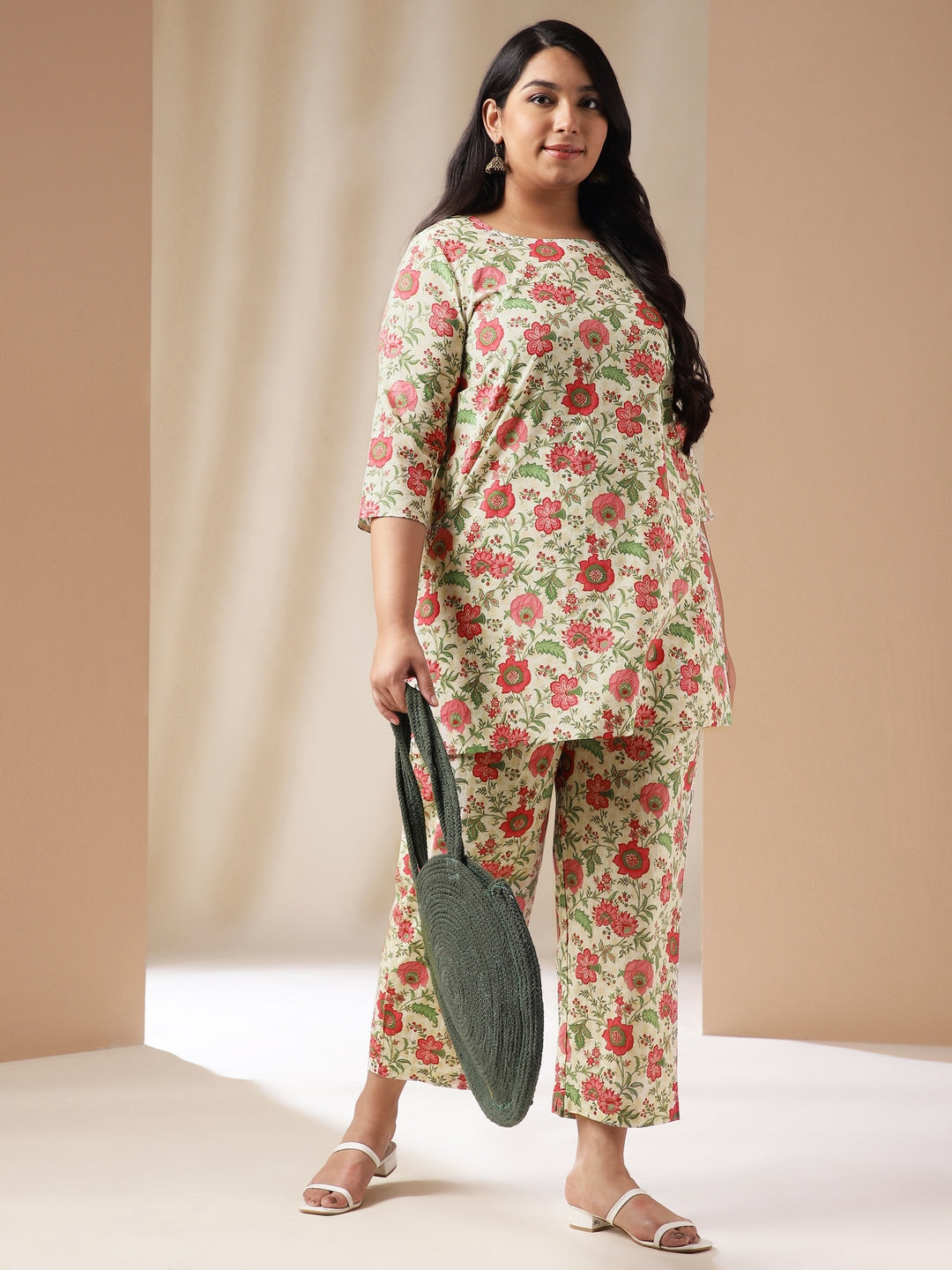 Janasya A-Line Cambric Off White Floral Round Neck Co-Ords - Swadesiicart