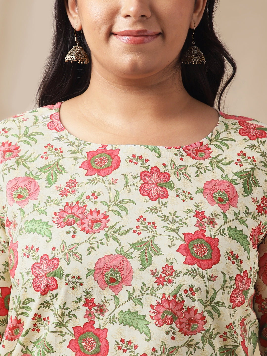 Janasya A-Line Cambric Off White Floral Round Neck Co-Ords - Swadesiicart
