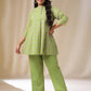 Janasya A-Line Cambric Lime Green Ethnic Motifs Band Collar Co-Ords - Swadesiicart