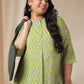 Janasya A-Line Cambric Lime Green Ethnic Motifs Band Collar Co-Ords - Swadesiicart