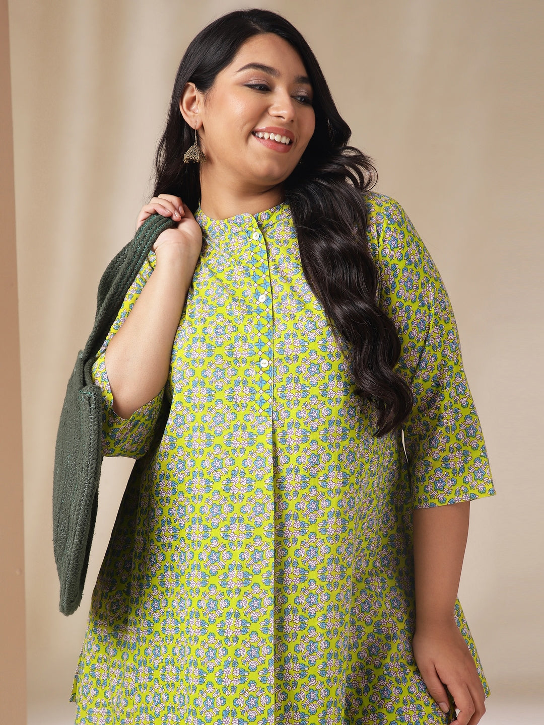 Janasya A-Line Cambric Lime Green Ethnic Motifs Band Collar Co-Ords - Swadesiicart