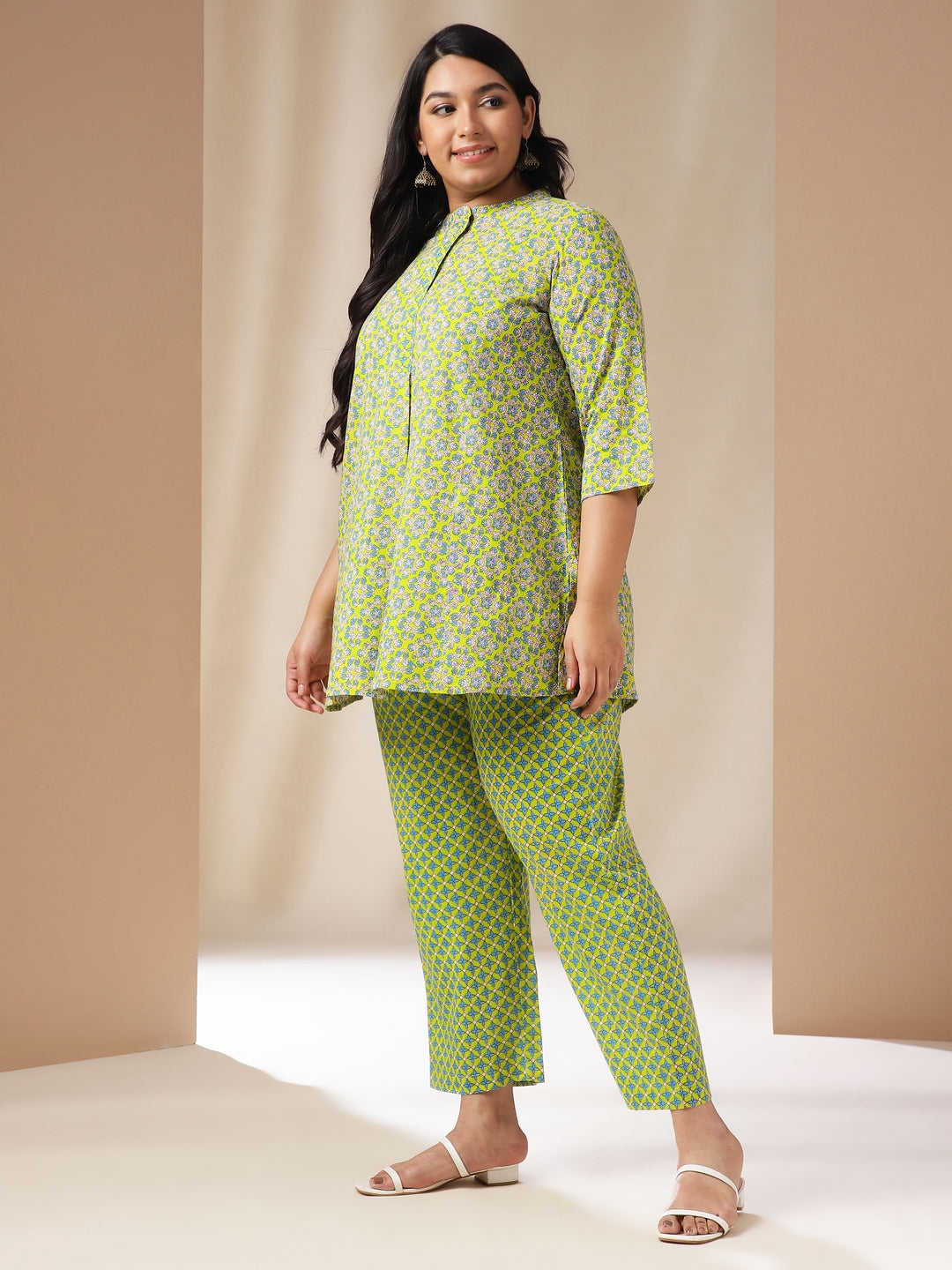 Janasya A-Line Cambric Lime Green Ethnic Motifs Band Collar Co-Ords - Swadesiicart