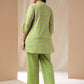 Janasya A-Line Cambric Lime Green Ethnic Motifs Band Collar Co-Ords - Swadesiicart
