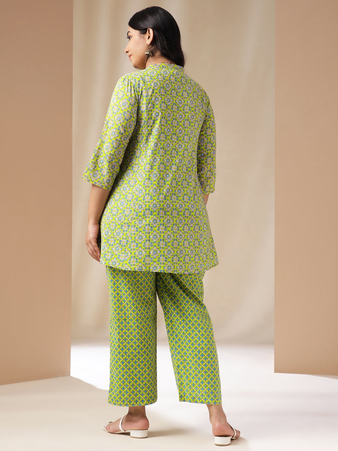 Janasya A-Line Cambric Lime Green Ethnic Motifs Band Collar Co-Ords - Swadesiicart