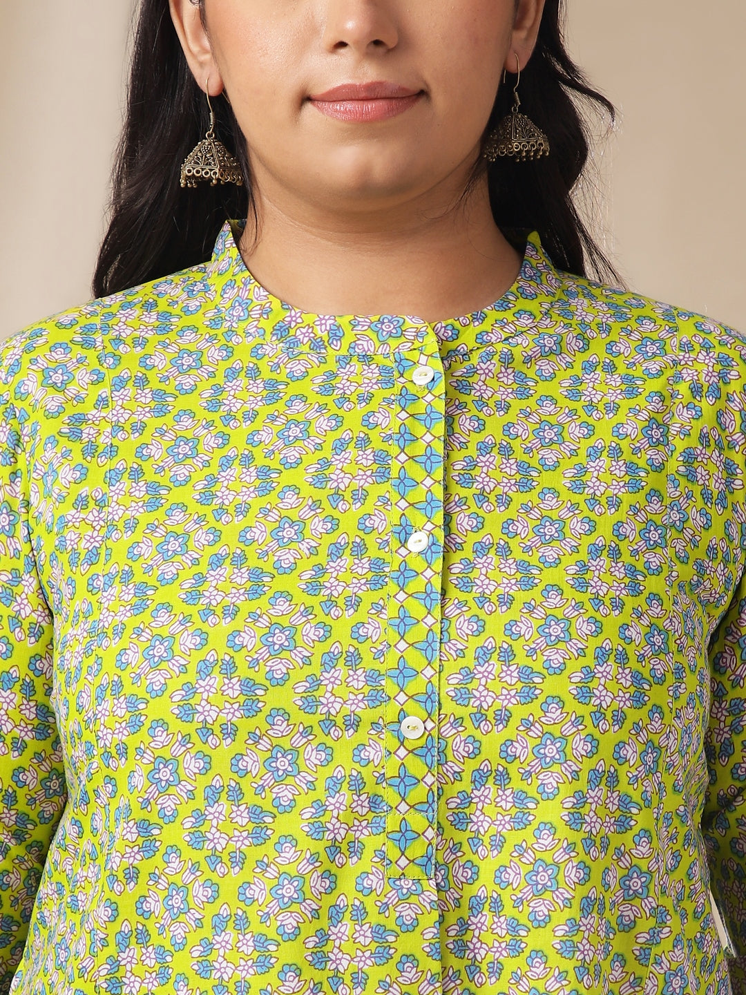 Janasya A-Line Cambric Lime Green Ethnic Motifs Band Collar Co-Ords - Swadesiicart