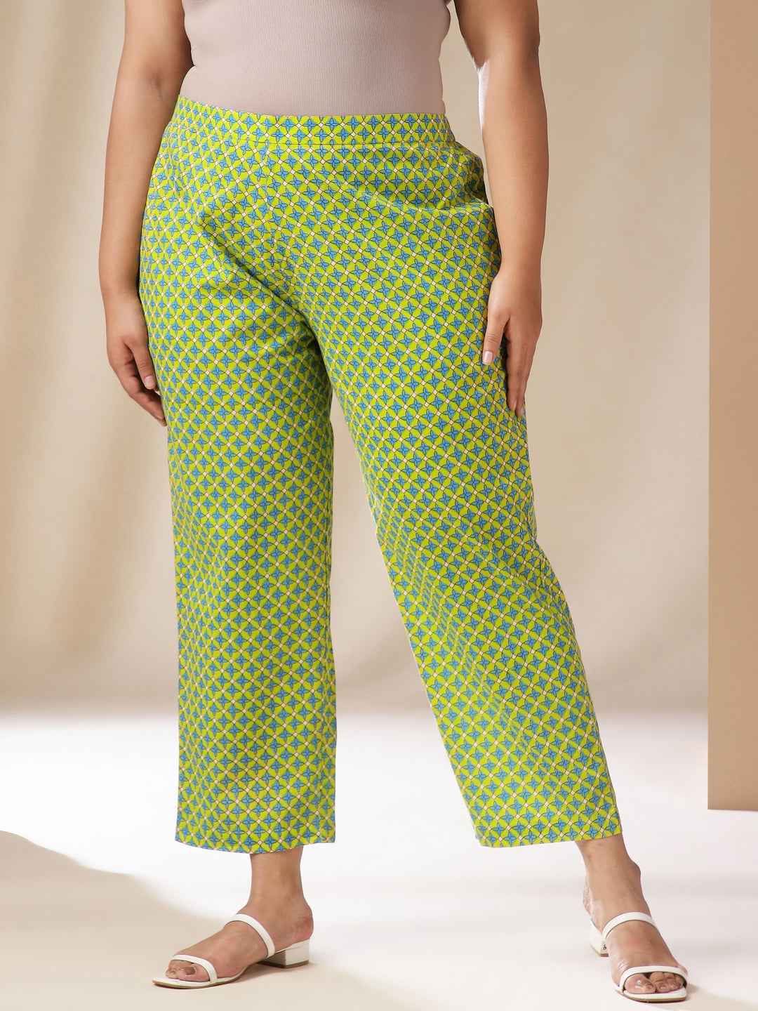 Janasya A-Line Cambric Lime Green Ethnic Motifs Band Collar Co-Ords - Swadesiicart