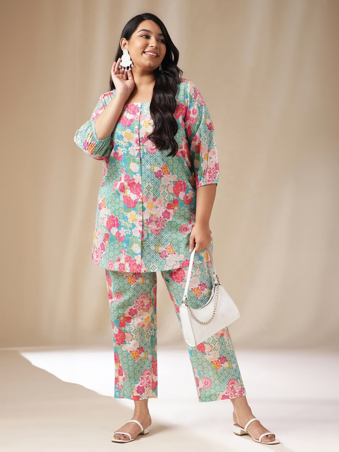 Janasya A-Line Cambric Aqua Ethnic Motifs Square Neck Co-Ords - Swadesiicart