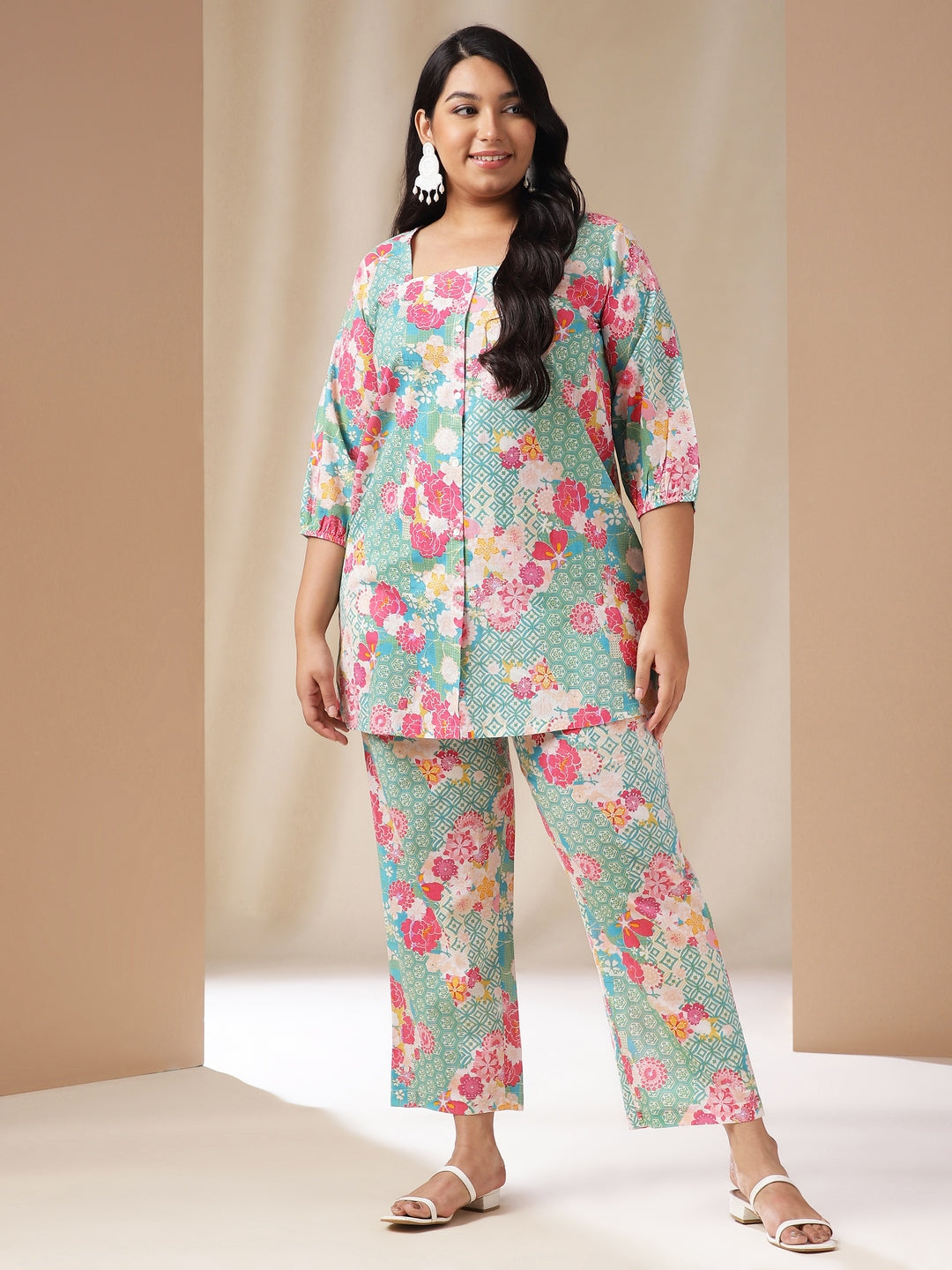 Janasya A-Line Cambric Aqua Ethnic Motifs Square Neck Co-Ords - Swadesiicart
