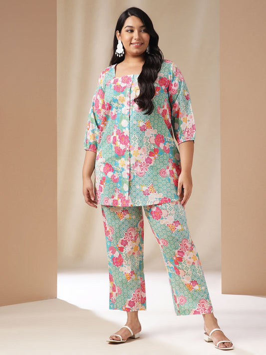 Janasya A-Line Cambric Aqua Ethnic Motifs Square Neck Co-Ords - Swadesiicart