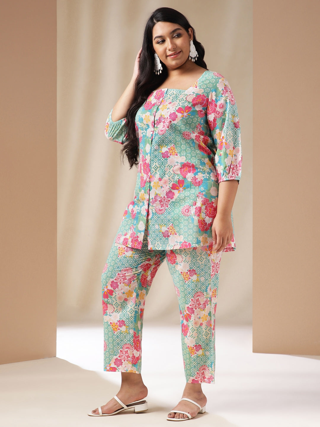 Janasya A-Line Cambric Aqua Ethnic Motifs Square Neck Co-Ords - Swadesiicart