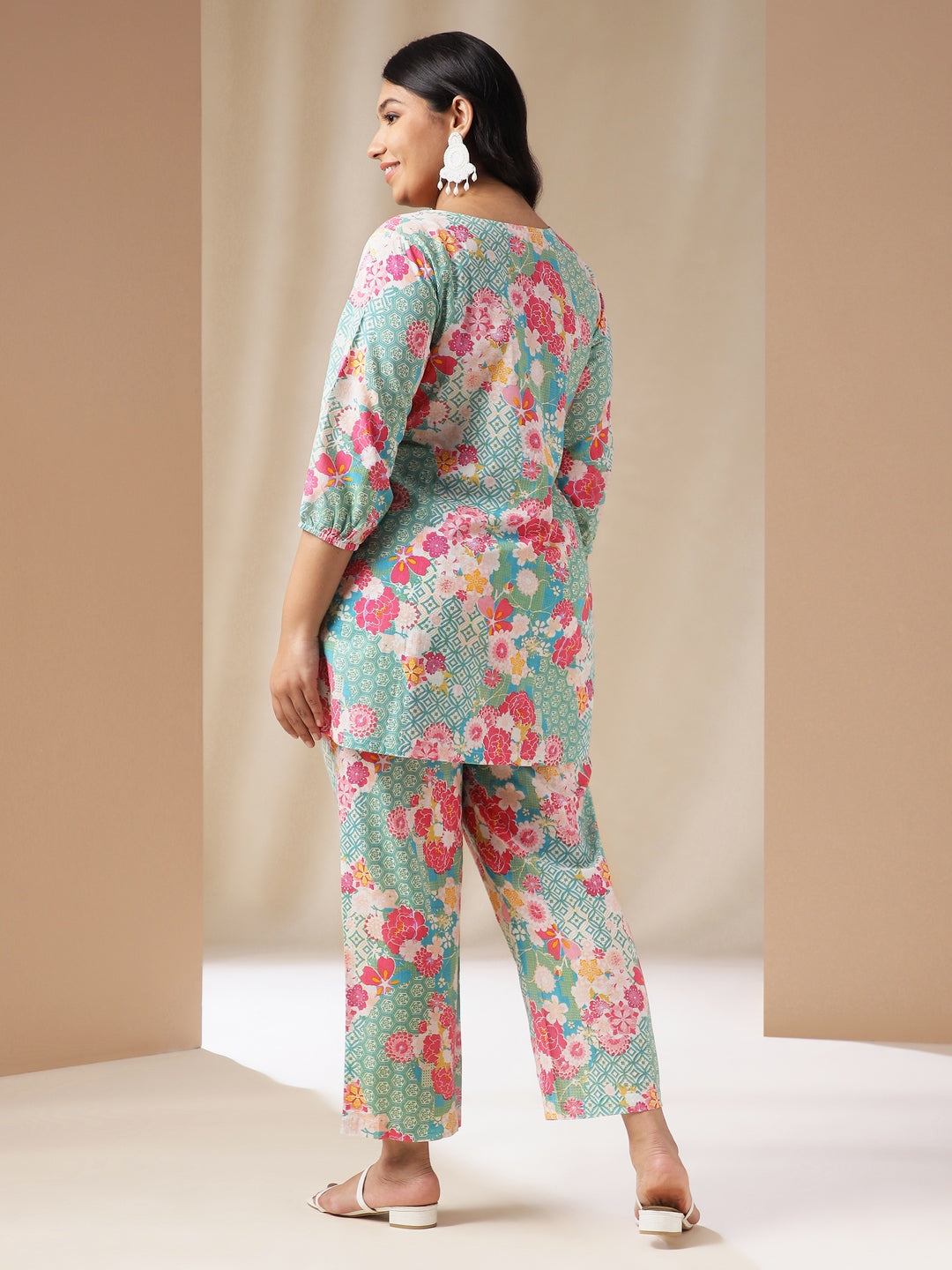 Janasya A-Line Cambric Aqua Ethnic Motifs Square Neck Co-Ords - Swadesiicart
