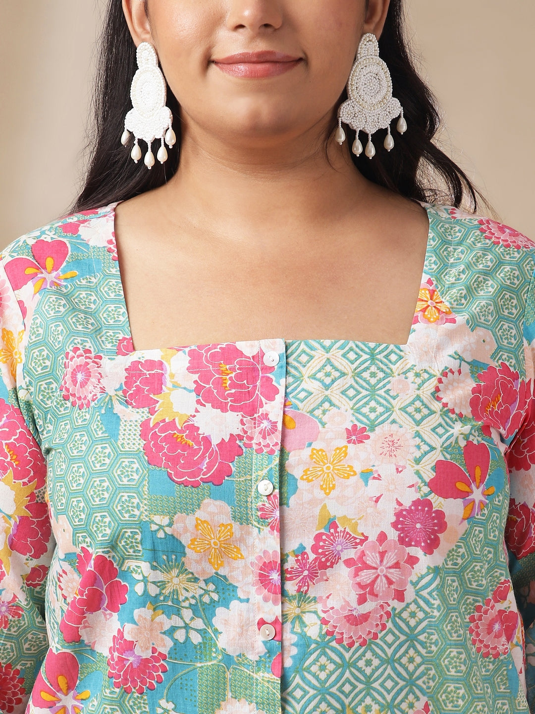 Janasya A-Line Cambric Aqua Ethnic Motifs Square Neck Co-Ords - Swadesiicart