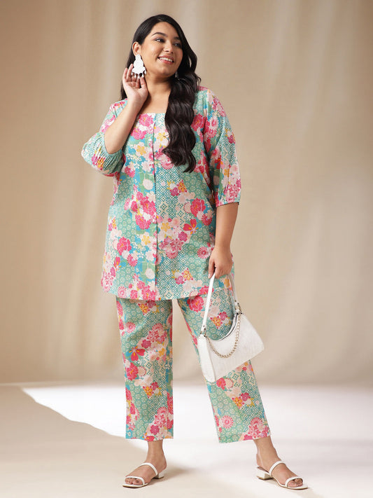 Janasya A-Line Cambric Aqua Ethnic Motifs Square Neck Co-Ords - Swadesiicart