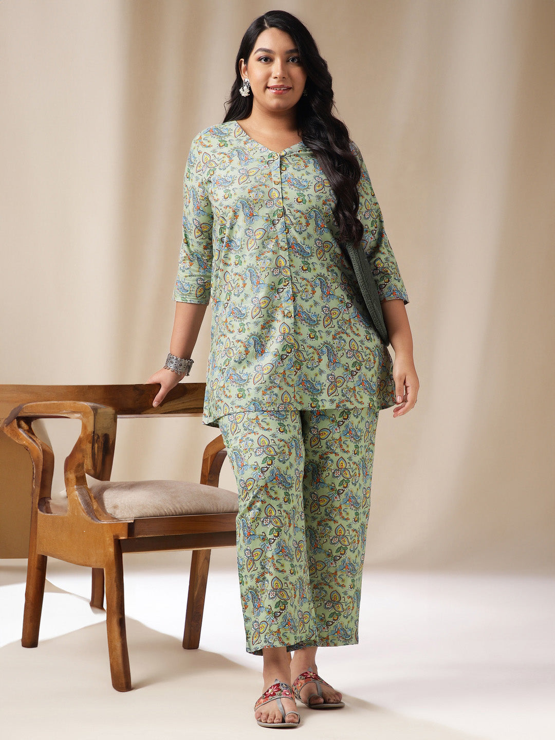 Janasya Straight Cambric Sage Ethnic Motifs V-Neck Co-Ords - Swadesiicart