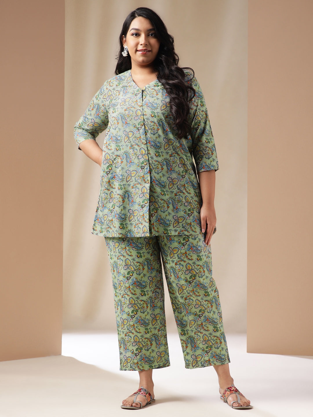 Janasya Straight Cambric Sage Ethnic Motifs V-Neck Co-Ords - Swadesiicart