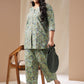 Janasya Straight Cambric Sage Ethnic Motifs V-Neck Co-Ords - Swadesiicart