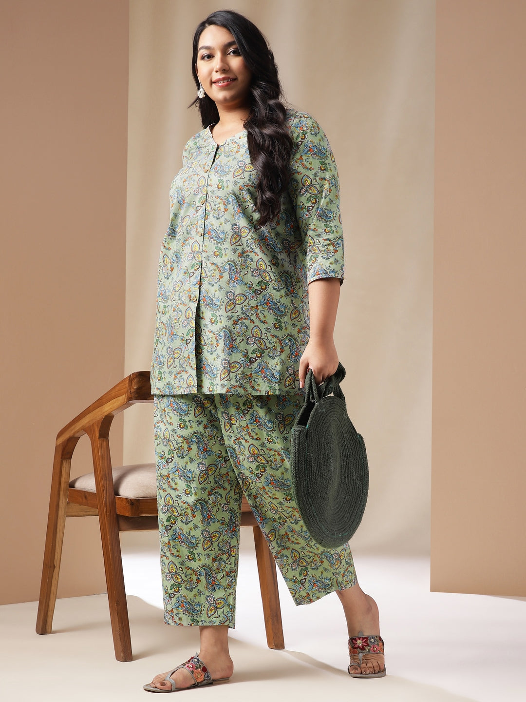 Janasya Straight Cambric Sage Ethnic Motifs V-Neck Co-Ords - Swadesiicart