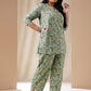Janasya Straight Cambric Sage Ethnic Motifs V-Neck Co-Ords - Swadesiicart