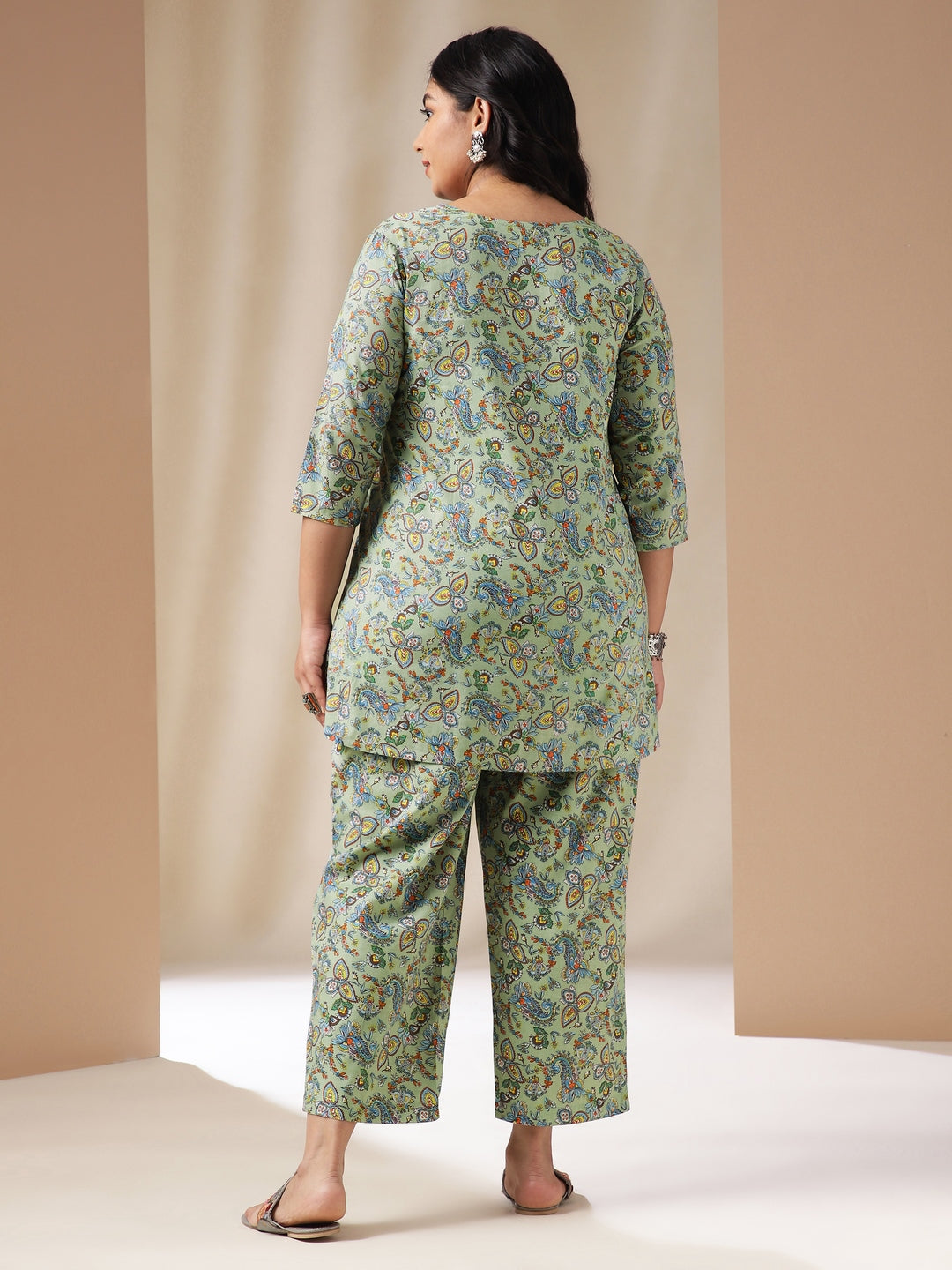 Janasya Straight Cambric Sage Ethnic Motifs V-Neck Co-Ords - Swadesiicart