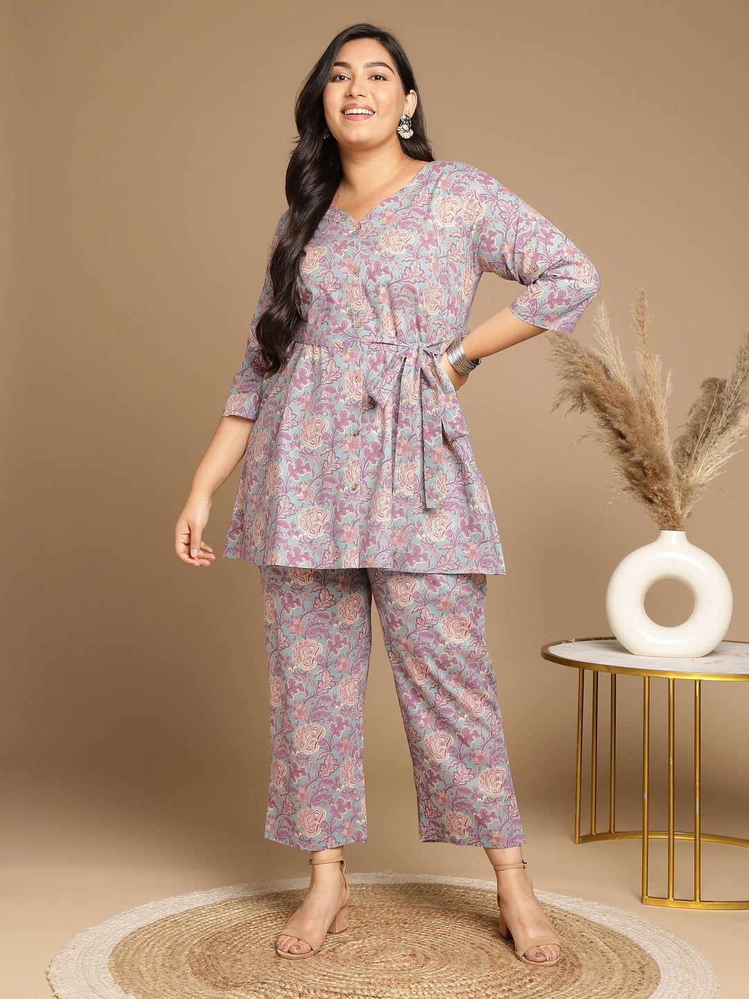 Janasya A-Line Cambric Grey - V-Neck Co-Ords - Swadesiicart