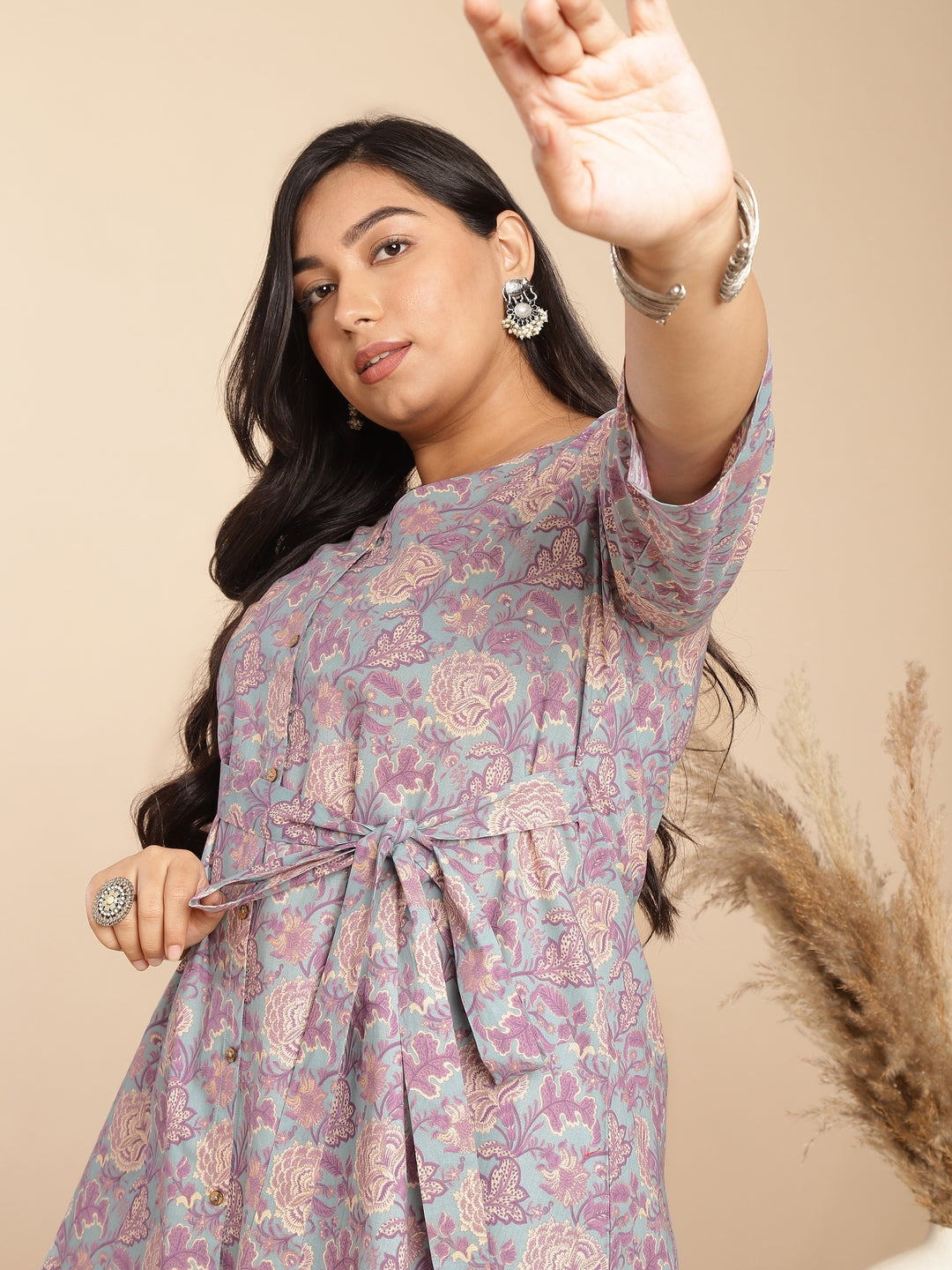 Janasya A-Line Cambric Grey - V-Neck Co-Ords - Swadesiicart