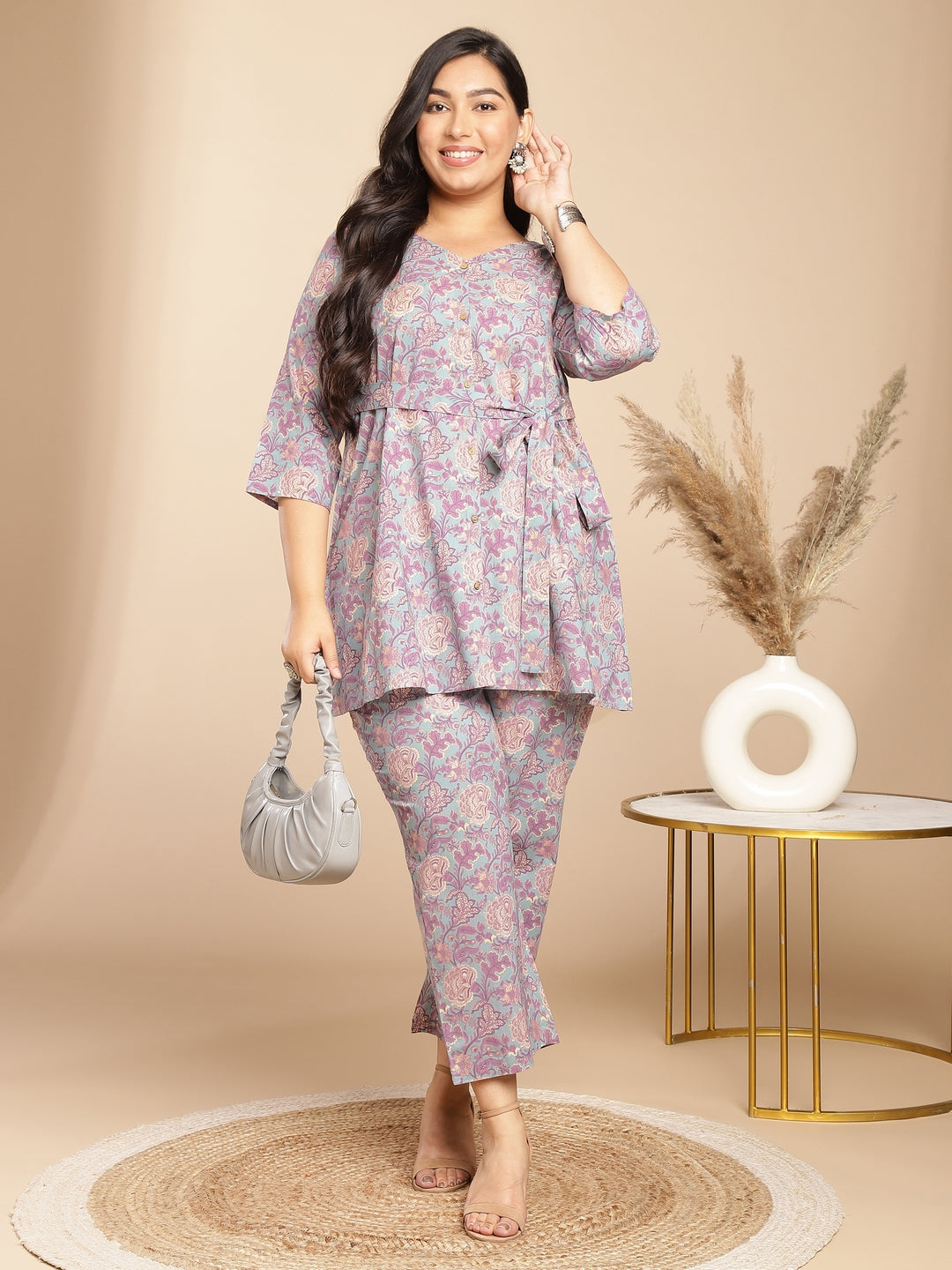 Janasya A-Line Cambric Grey - V-Neck Co-Ords - Swadesiicart