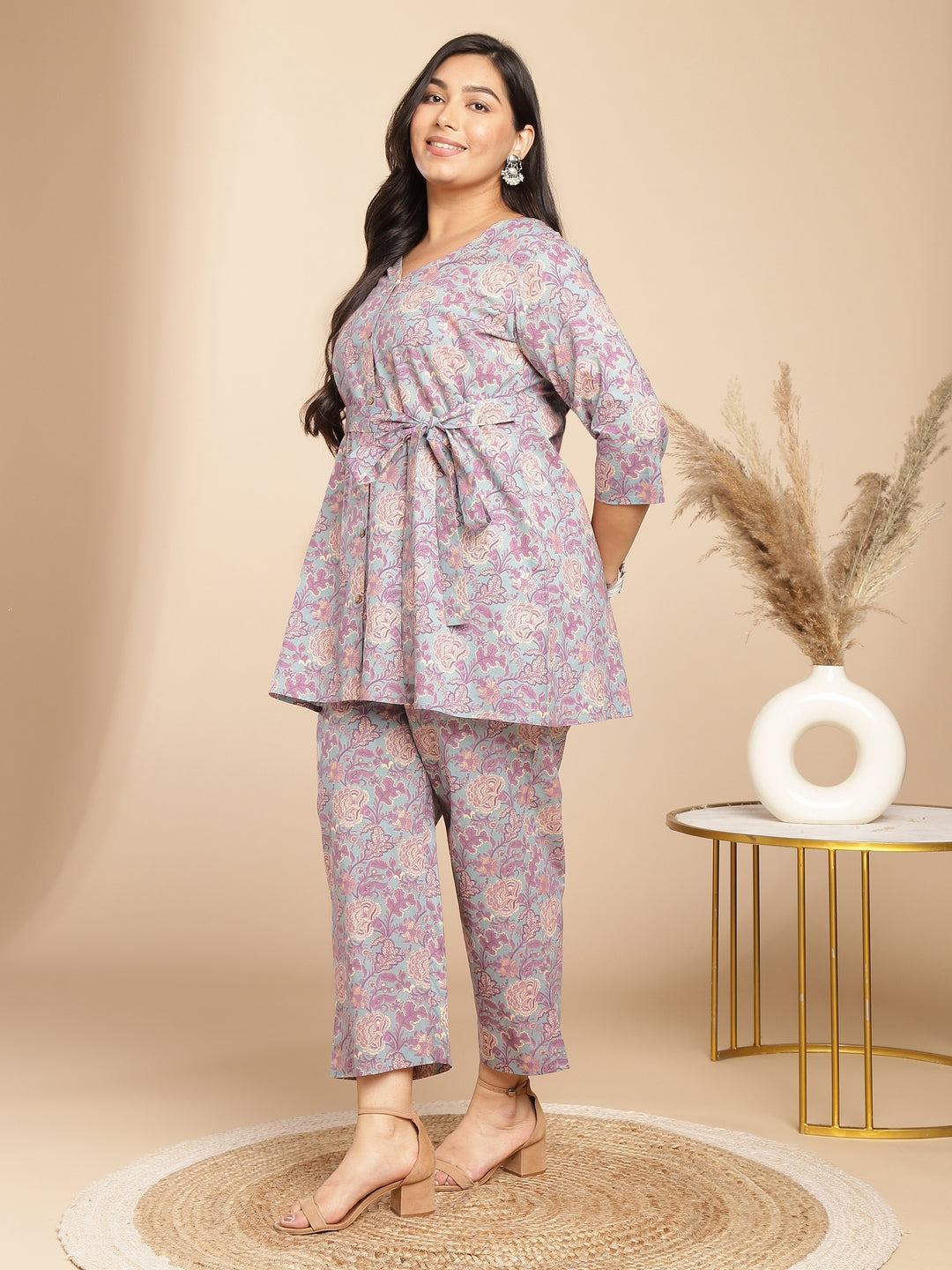 Janasya A-Line Cambric Grey - V-Neck Co-Ords - Swadesiicart