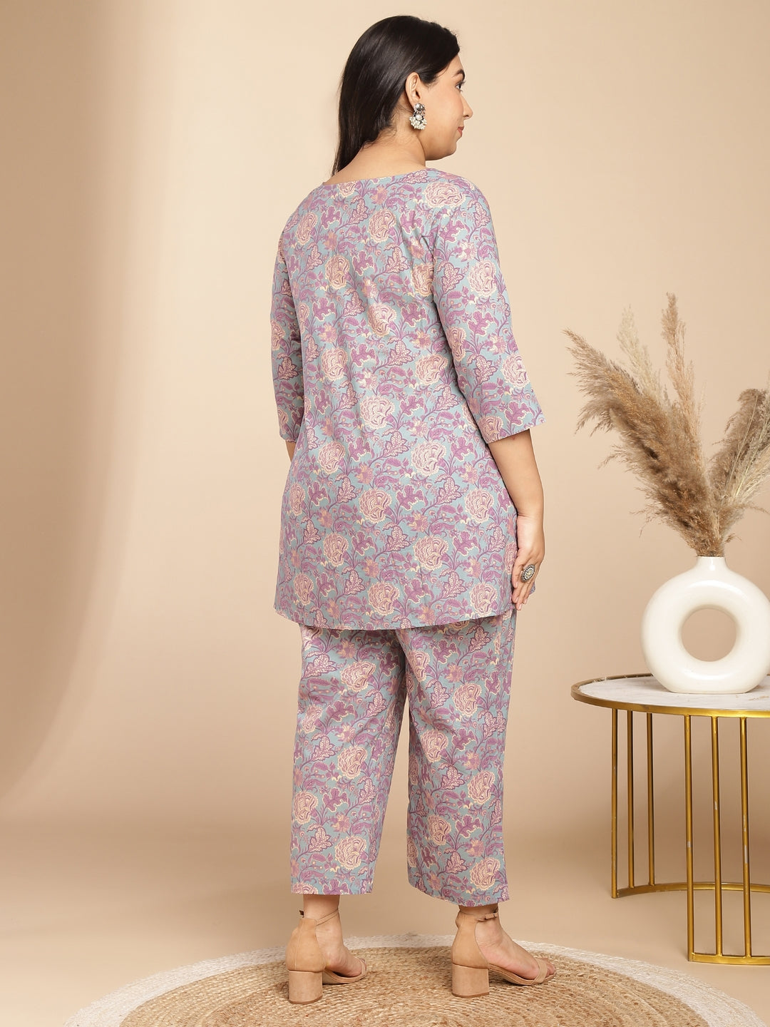 Janasya A-Line Cambric Grey - V-Neck Co-Ords - Swadesiicart