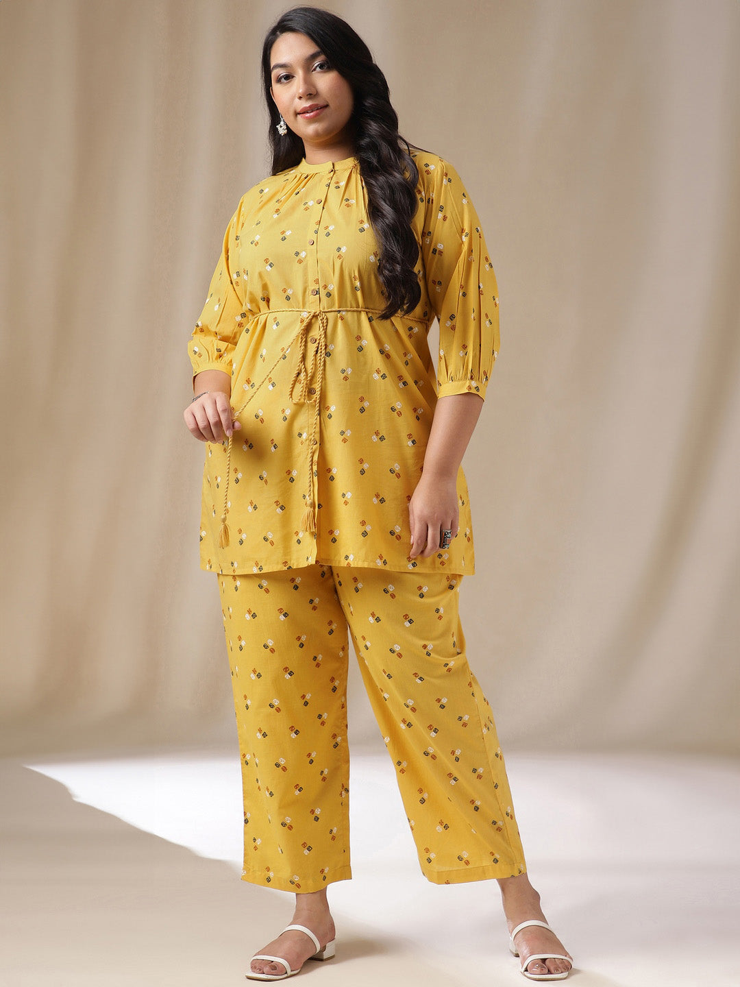 Janasya Regular Cambric Mustard Geometric Band Collar Co-Ords - Swadesiicart