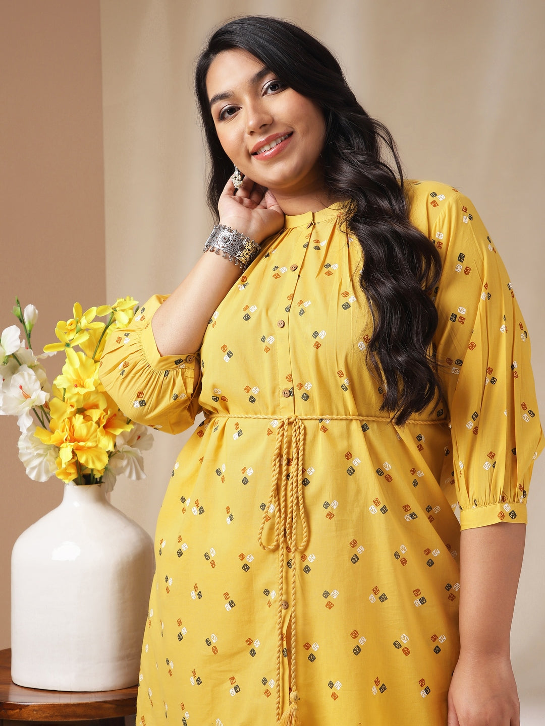 Janasya Regular Cambric Mustard Geometric Band Collar Co-Ords - Swadesiicart