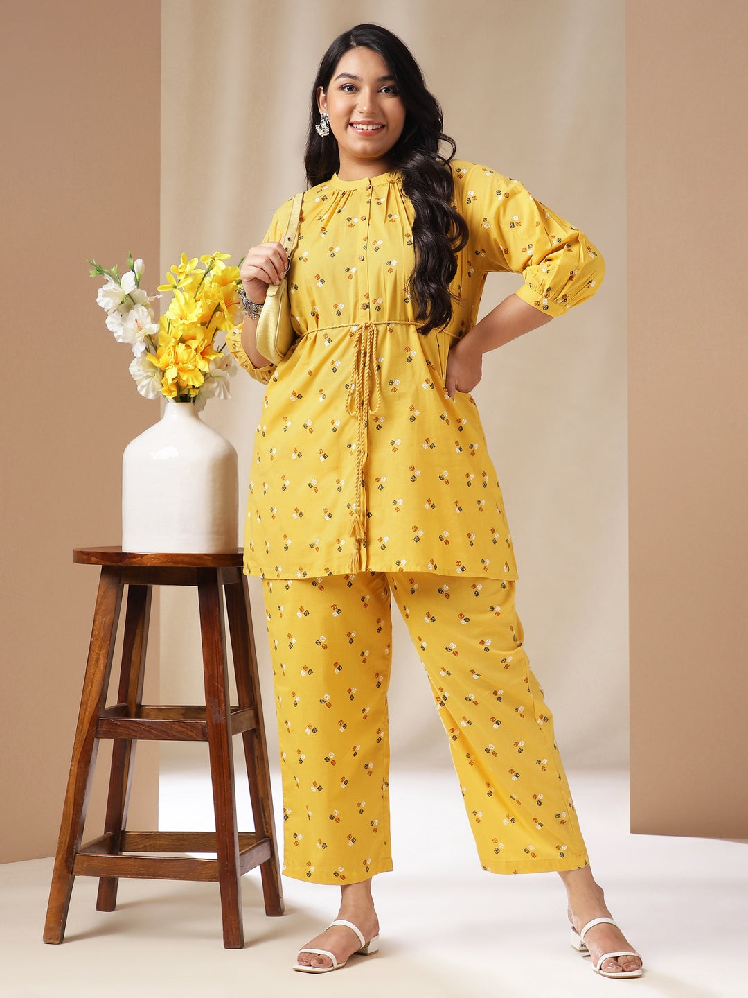 Janasya Regular Cambric Mustard Geometric Band Collar Co-Ords - Swadesiicart