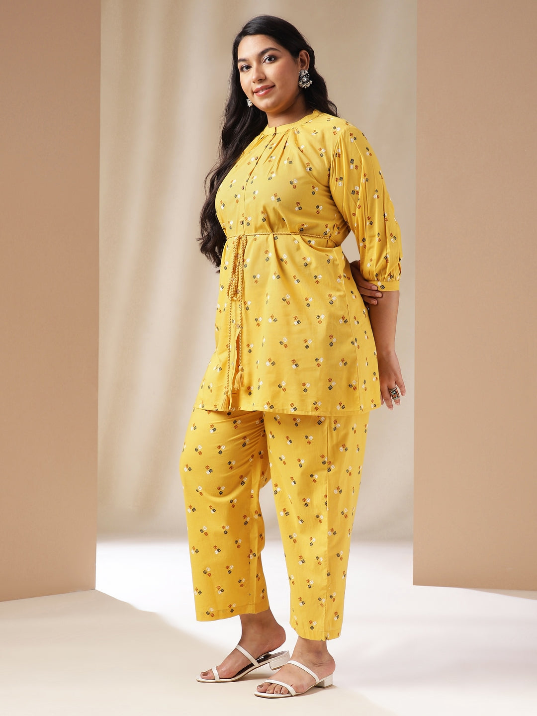 Janasya Regular Cambric Mustard Geometric Band Collar Co-Ords - Swadesiicart