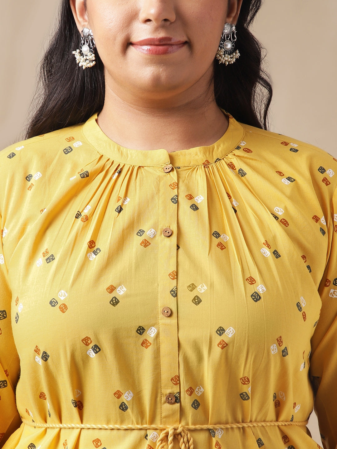 Janasya Regular Cambric Mustard Geometric Band Collar Co-Ords - Swadesiicart