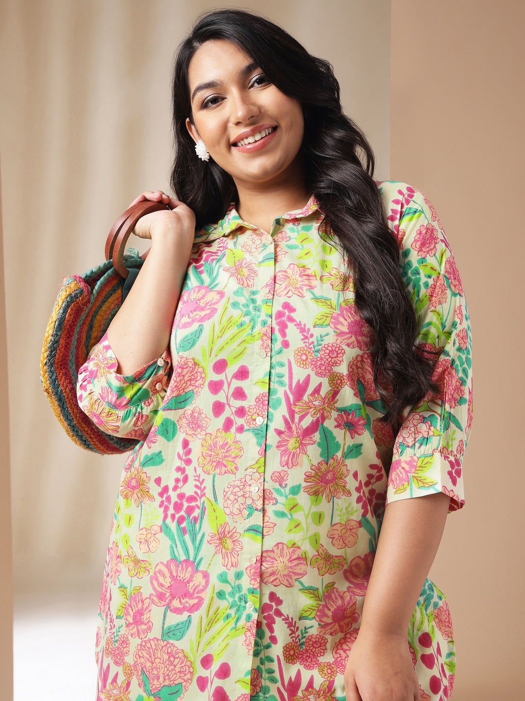 Janasya Regular Cambric Beige Floral Collar Co-Ords - Swadesiicart