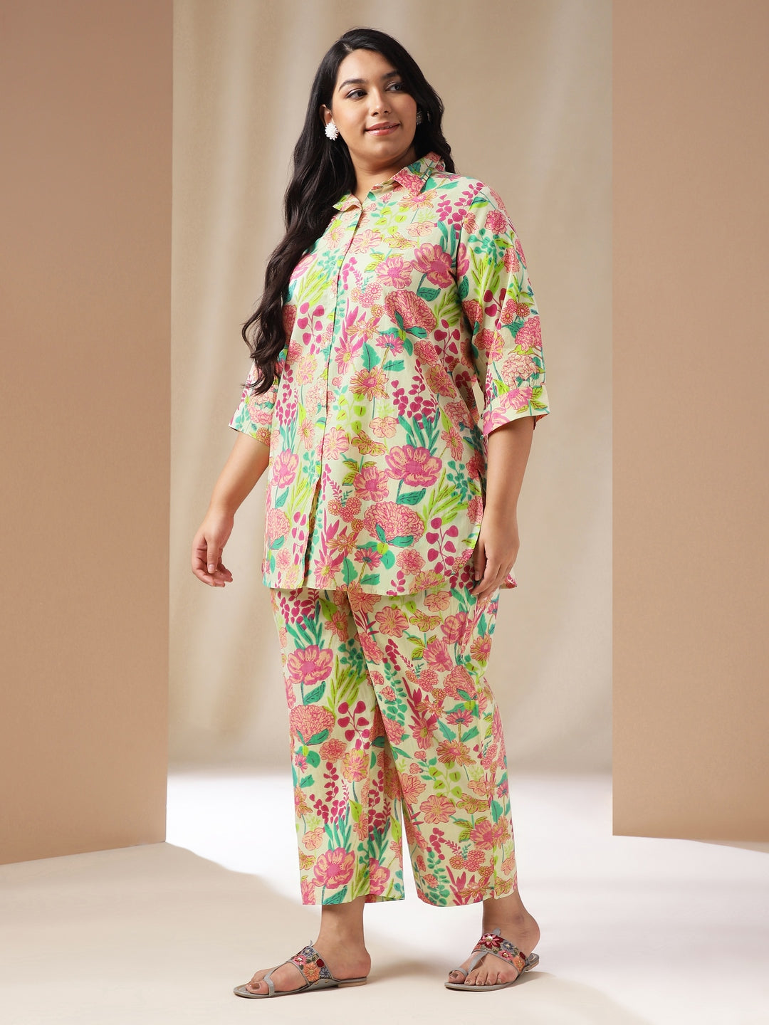 Janasya Regular Cambric Beige Floral Collar Co-Ords - Swadesiicart