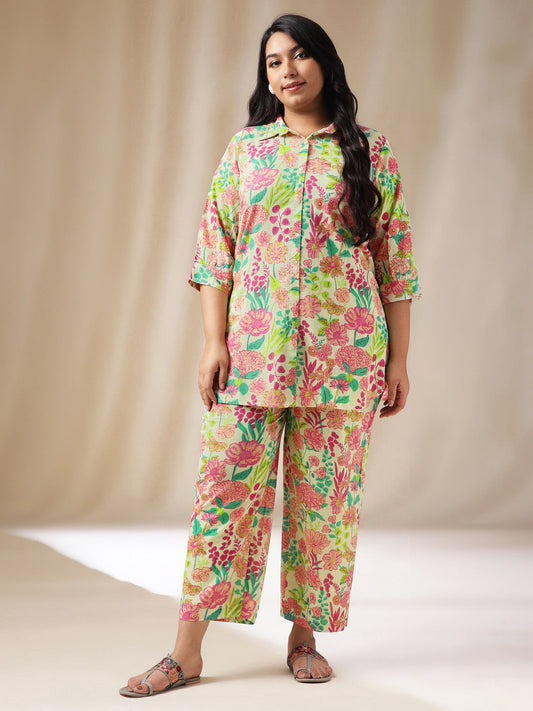 Janasya Regular Cambric Beige Floral Collar Co-Ords - Swadesiicart
