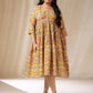 Janasya Gathered Cotton Mustard Floral V-Neck Dress | Swadesiicart