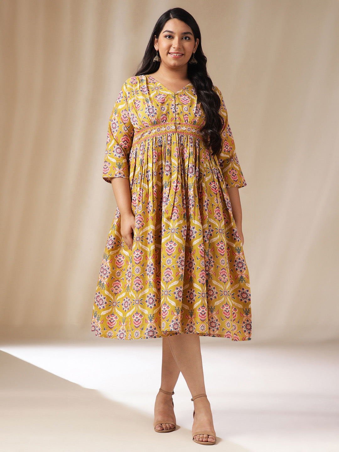 Janasya Gathered Cotton Mustard Floral V-Neck Dress | Swadesiicart
