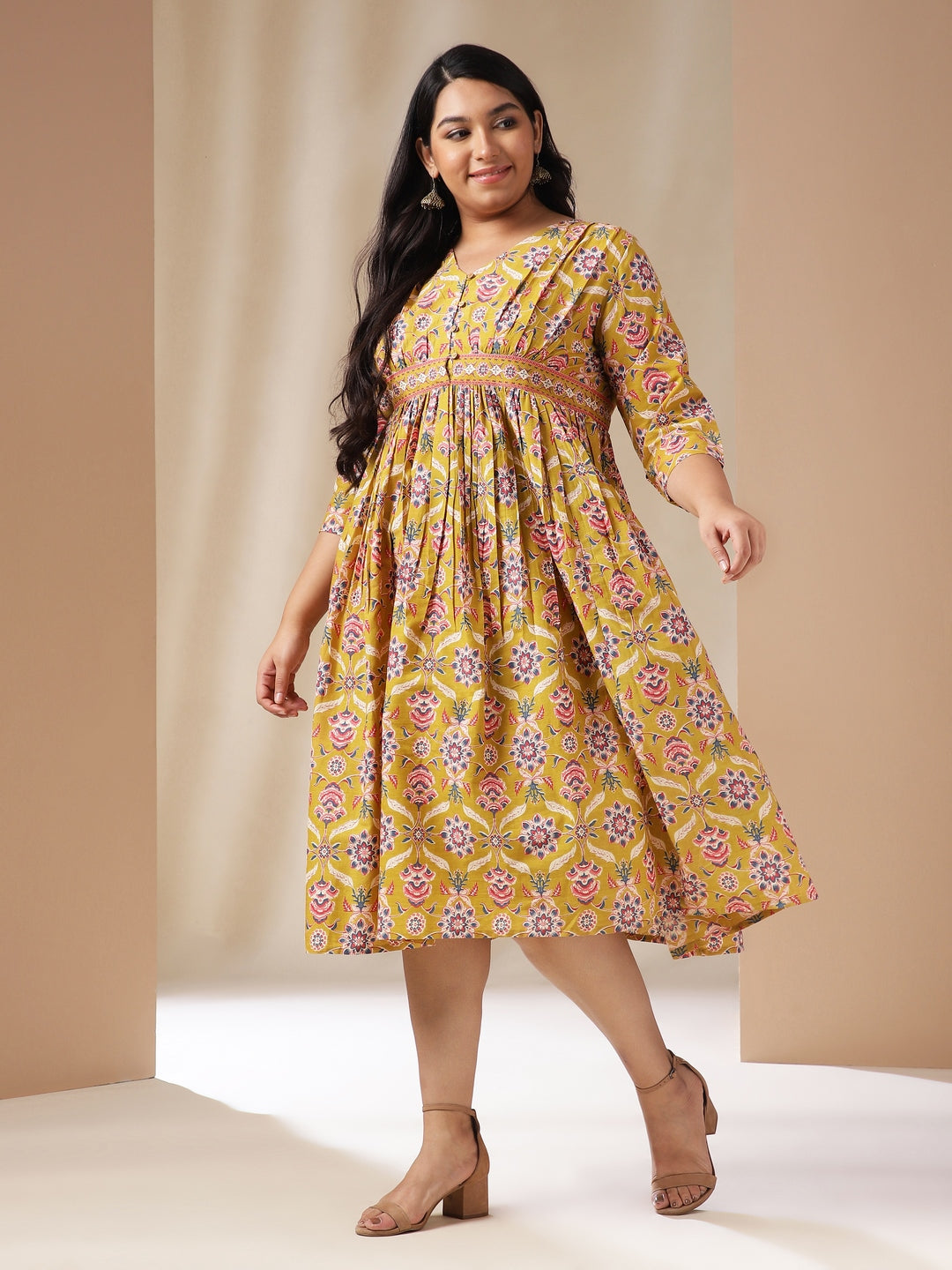 Janasya Gathered Cotton Mustard Floral V-Neck Dress | Swadesiicart