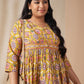Janasya Gathered Cotton Mustard Floral V-Neck Dress | Swadesiicart