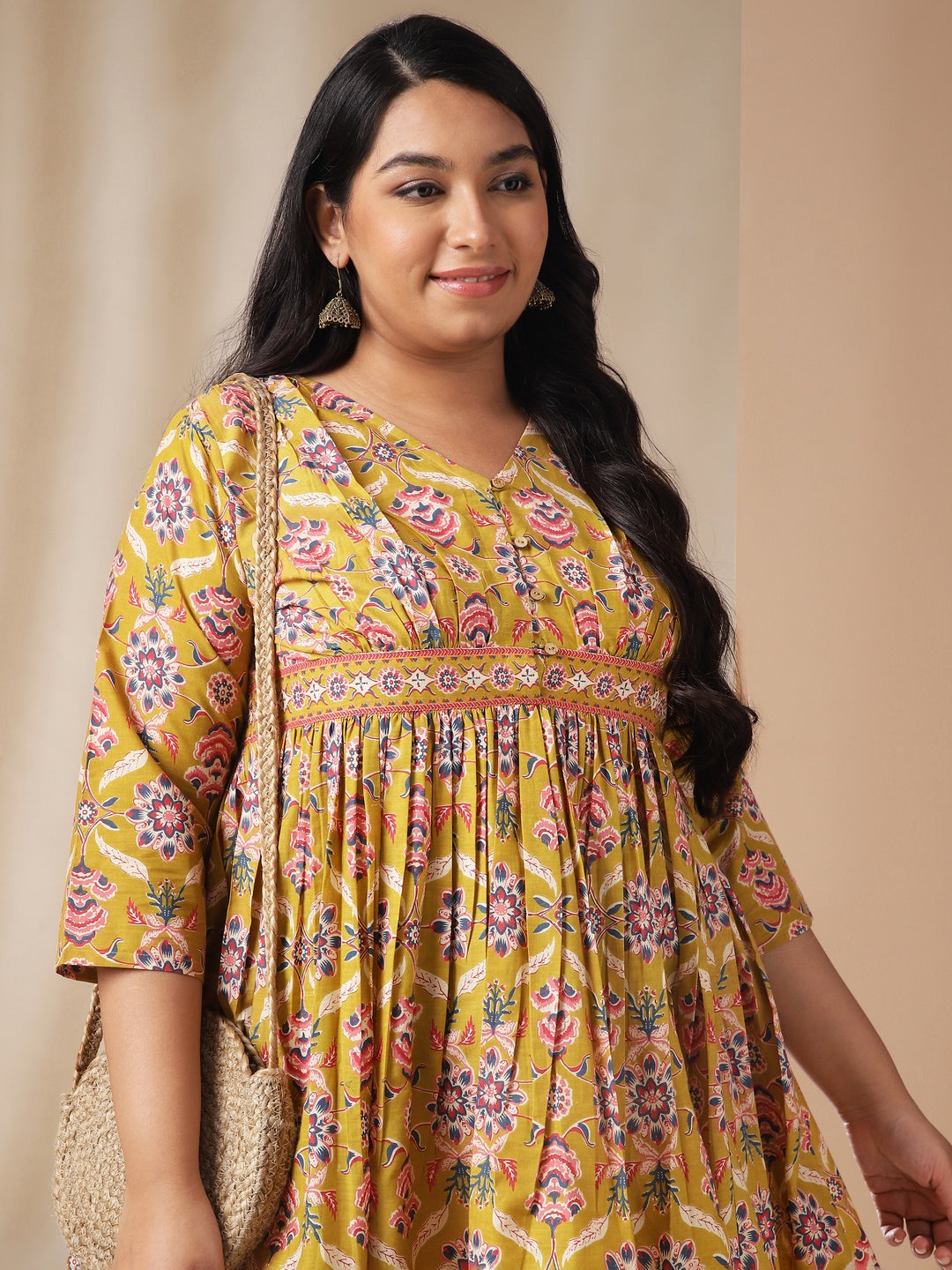 Janasya Gathered Cotton Mustard Floral V-Neck Dress | Swadesiicart