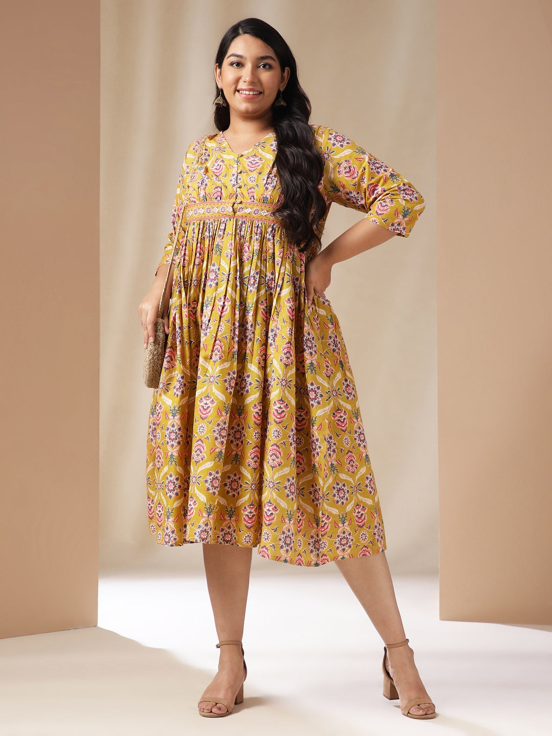 Janasya Gathered Cotton Mustard Floral V-Neck Dress | Swadesiicart